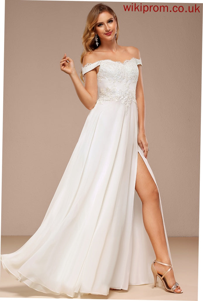 A-Line Floor-Length Lace Wedding Dresses Makena With Wedding Chiffon Dress Off-the-Shoulder Sequins