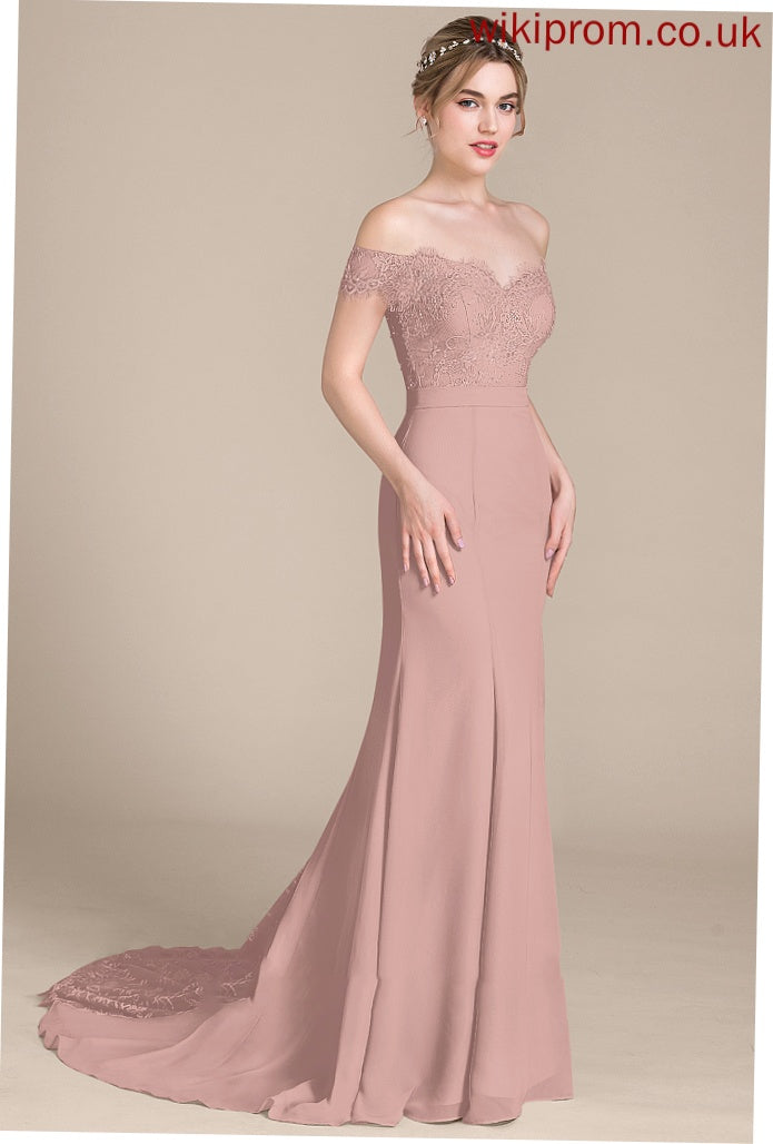 Court Chiffon Prom Dresses Off-the-Shoulder Train Louisa Trumpet/Mermaid With Sequins Lace