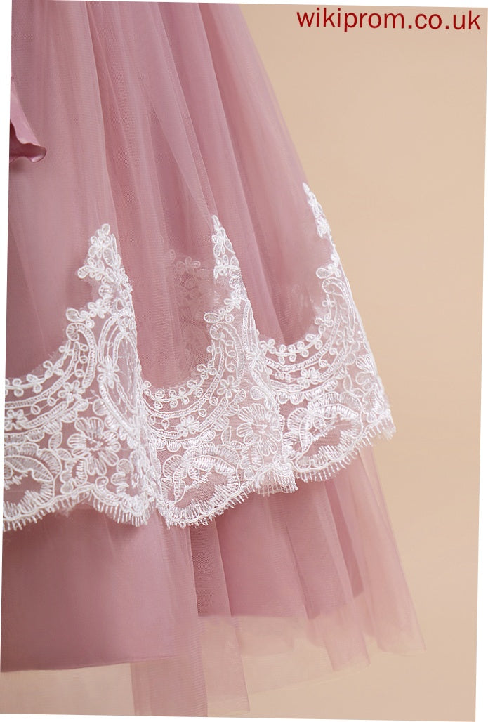 Sleeveless Lace/Flower(s)/Bow(s)/Pleated/V Flower A-Line Girl With Abigail Satin/Tulle Knee-length - Back Flower Girl Dresses V-neck Dress