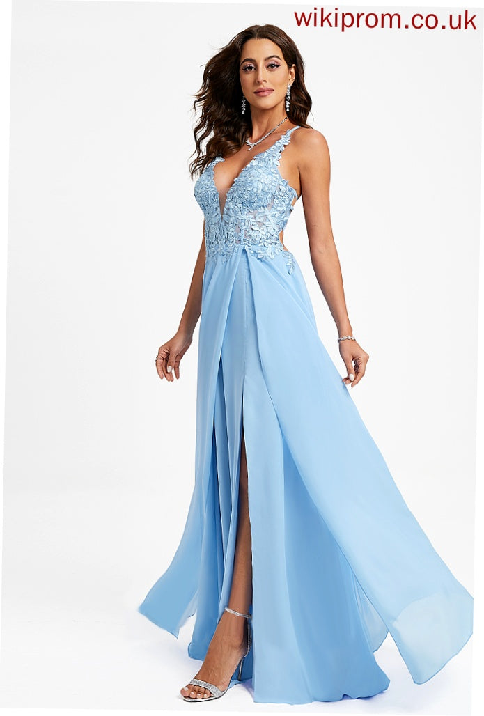 Chiffon V-neck Prom Dresses Sally Floor-Length Lace A-Line