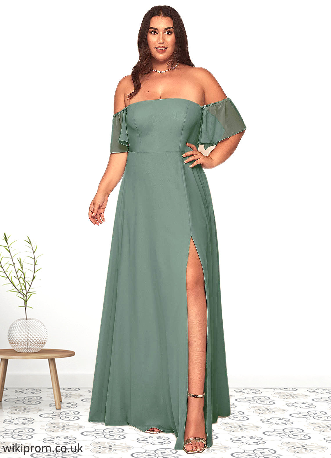 Christina A-Line Off the Shoulder Chiffon Floor-Length Dress SWKP0019614