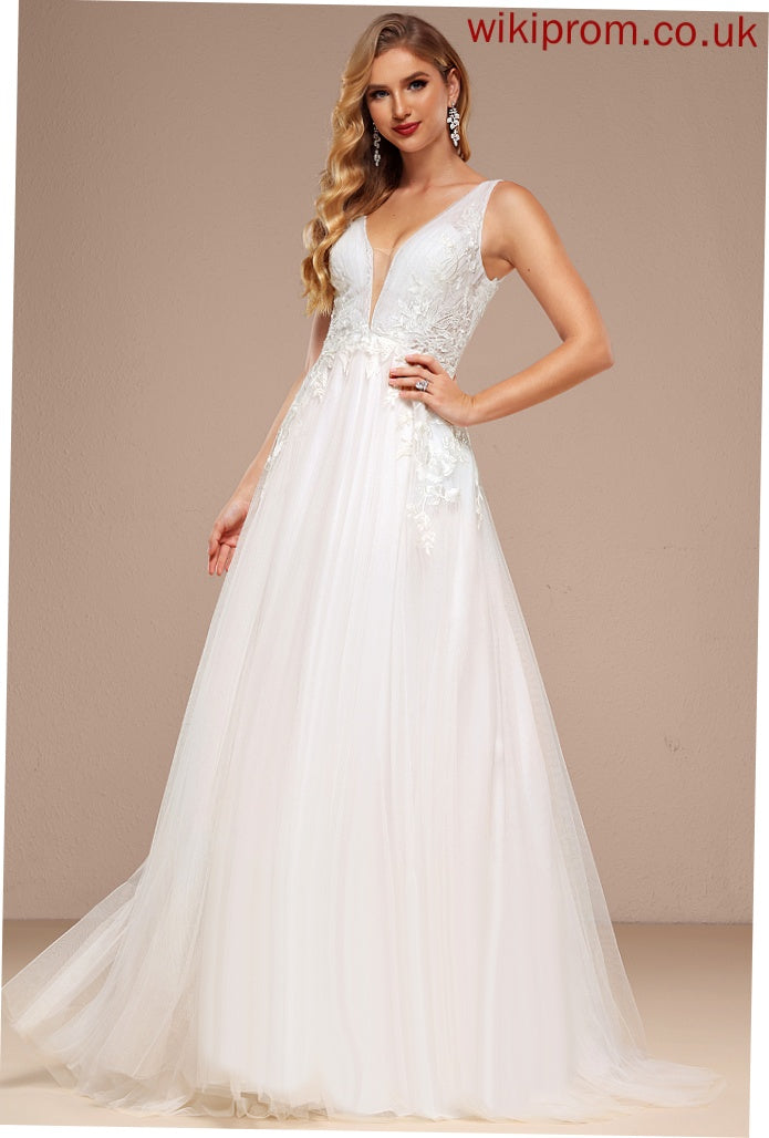 Wedding Dresses Tulle Wedding With Train Dress Sequins Lace A-Line Sweep V-neck Olivia