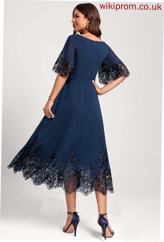 Novia Lace Club Dresses With Tea-Length Chiffon Cocktail A-Line Dress V-neck Sequins