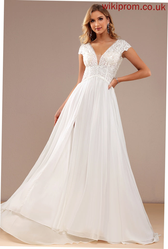 Sweep V-neck Jaelynn Wedding Train Lace Dress A-Line Split With Chiffon Wedding Dresses Front Lace