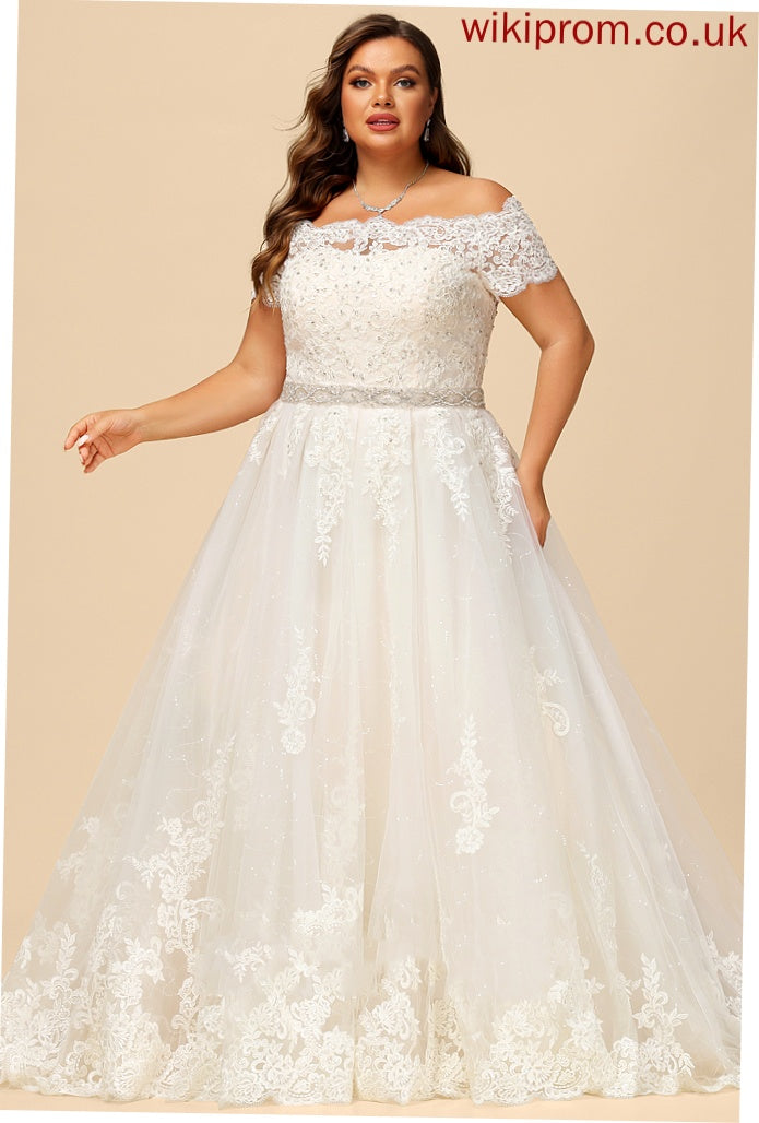 Off-the-Shoulder Sequins Beading Tulle Train Ball-Gown/Princess Wedding Dresses Lace Wedding Azaria Dress With Court