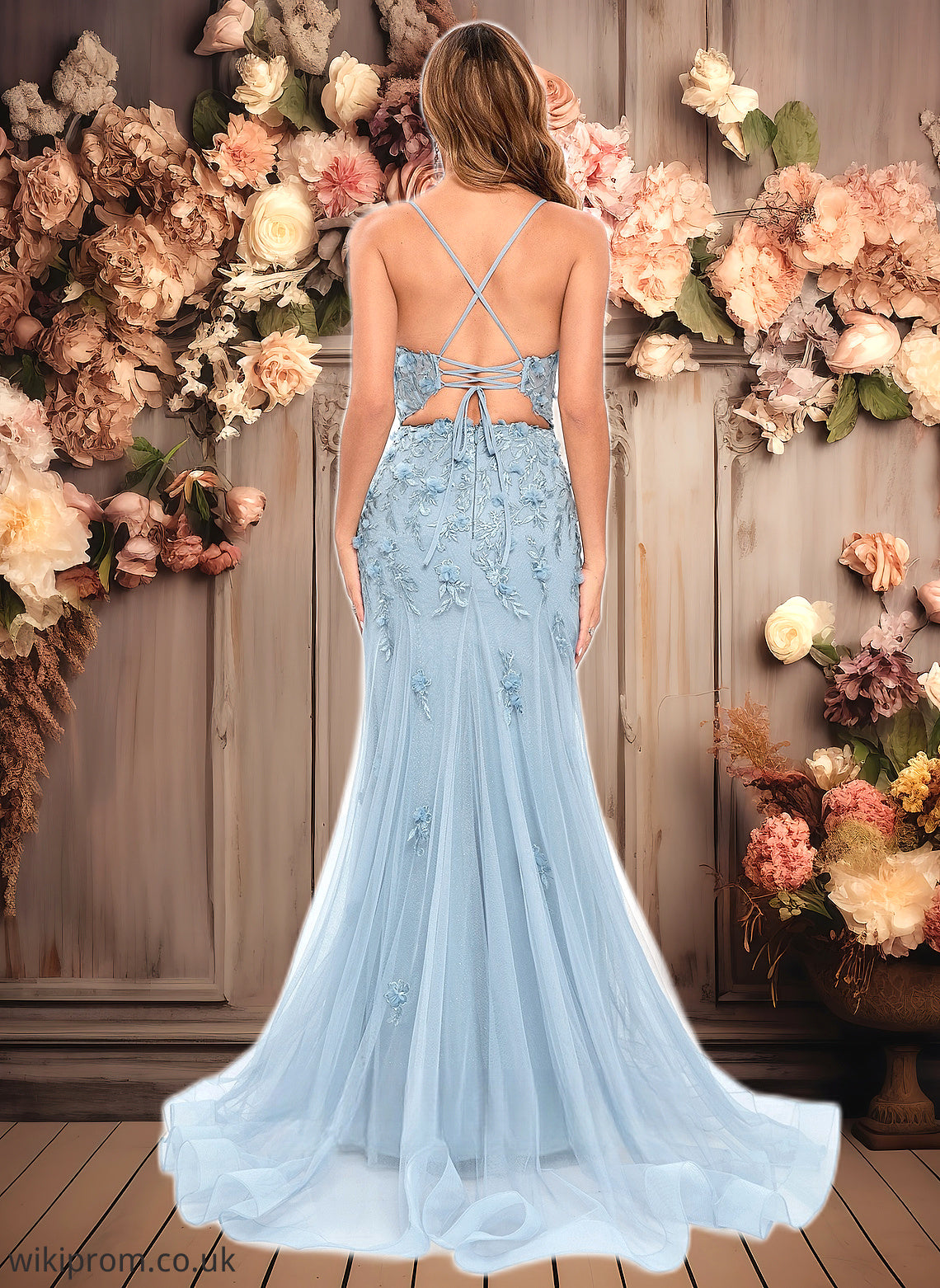 Britney Trumpet/Mermaid Straight Sweep Train Tulle Prom Dresses With Flower SWKP0025866