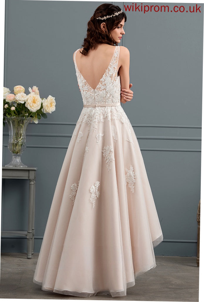 Satin Cassie Wedding A-Line Dress With Tulle Wedding Dresses Asymmetrical V-neck Lace Bow(s)