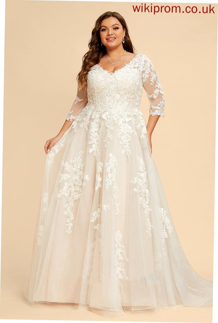 Tulle Wedding Dresses V-neck Wedding Lila Sequins A-Line With Dress Lace Train Court