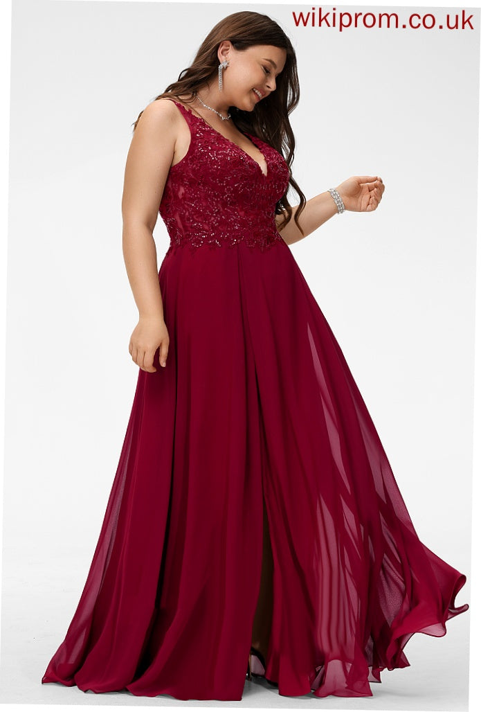 Prom Dresses A-Line With Kyla Floor-Length V-neck Sequins Chiffon Lace