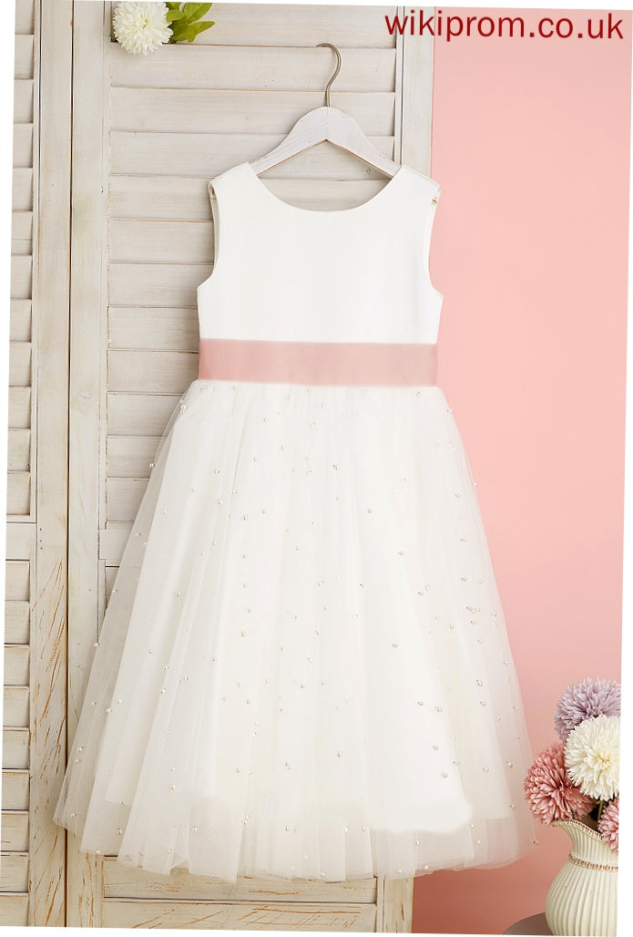 Dress Back - Satin/Tulle Cassidy Tea-length Neck Flower Girl Sleeveless Scoop Flower Girl Dresses With Sash/Bow(s)/V A-Line