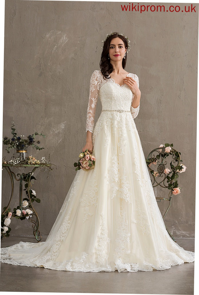 Wedding Dresses Chapel Ball-Gown/Princess Lace Sequins With Beading V-neck Train Wedding Alison Dress Tulle