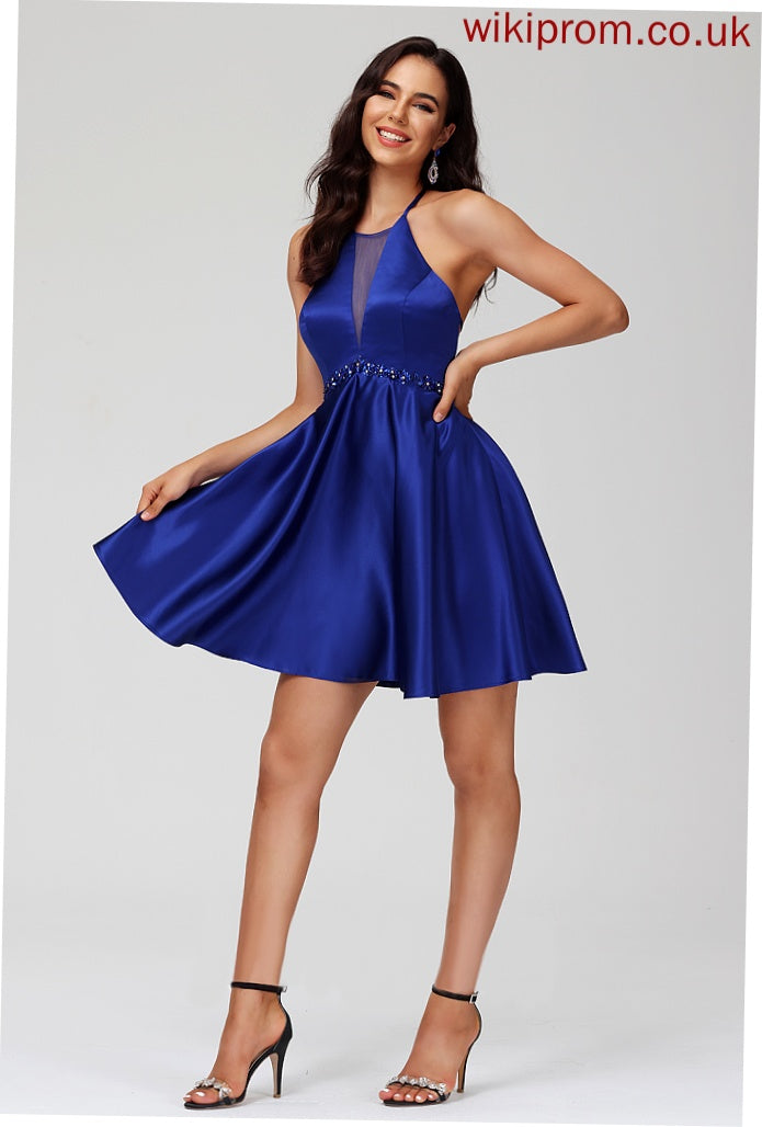 Homecoming Satin Short/Mini Homecoming Dresses Sequins Rosalind Dress With Scoop Neck Beading A-Line