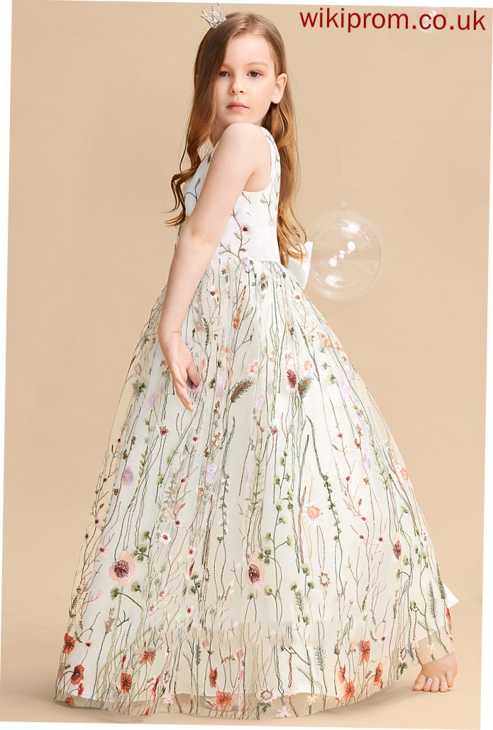 With - Girl V-neck Jacquard Flower Girl Dresses Phoenix Flower(s)/Bow(s) A-Line Flower Floor-length Dress Sleeveless