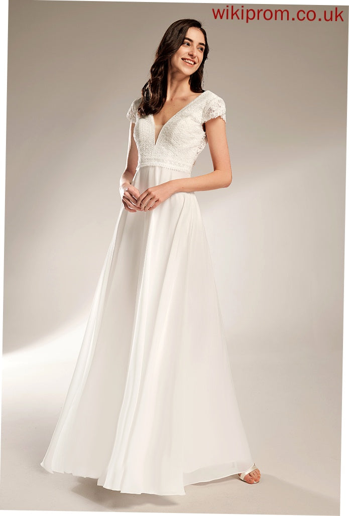 A-Line Leslie V-neck Wedding Dresses Floor-Length Lace Chiffon Wedding Dress