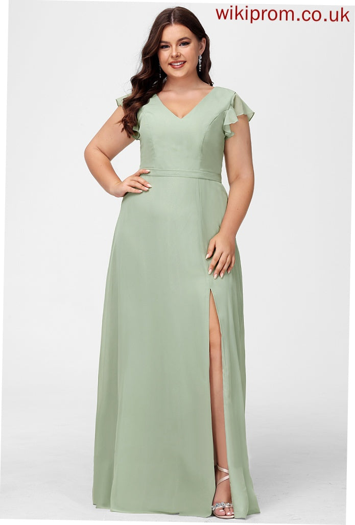 Embellishment V-neck Length SplitFront A-Line Floor-Length Silhouette Neckline Fabric Ariella Cap Sleeves Natural Waist Bridesmaid Dresses