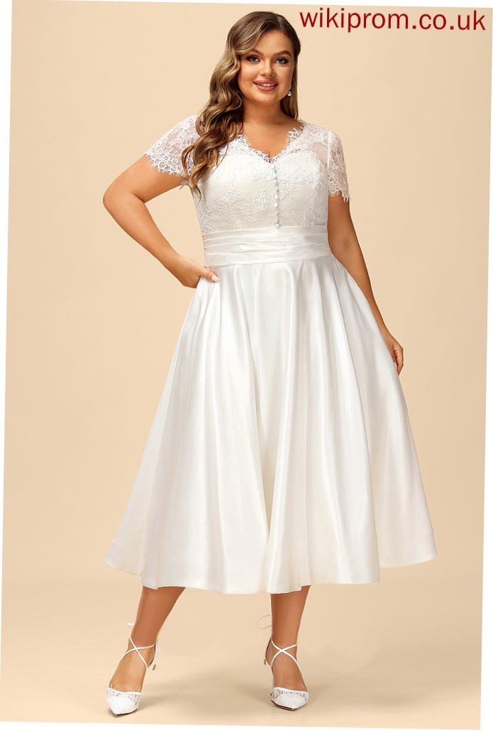 Wedding Tea-Length Sadie Satin Dress Wedding Dresses V-neck A-Line Ruffle With Lace