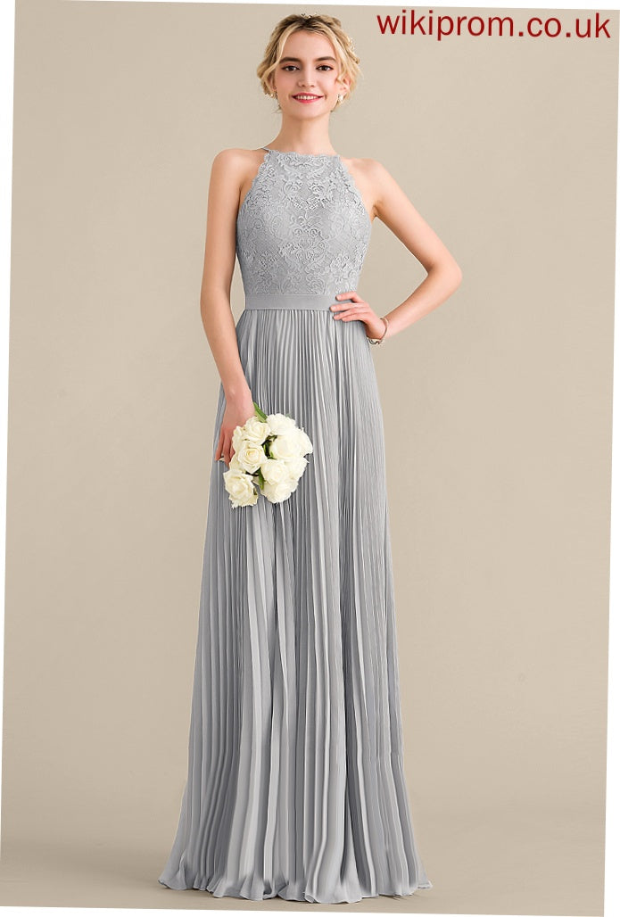 Lace Floor-Length Prom Dresses A-Line Scoop Cecelia Pleated Chiffon With