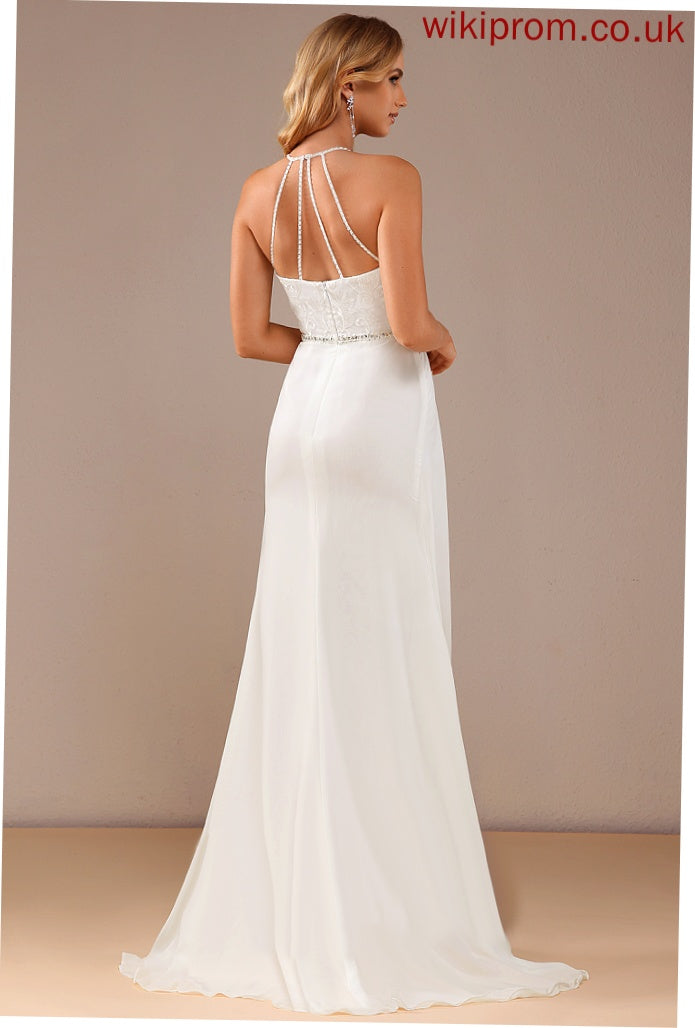 Wedding Dresses A-Line High Neck Dress Sweep Train Sidney Wedding Sequins Lace Beading Lace Chiffon With