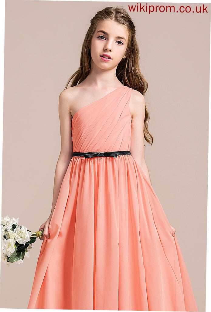 Junior Bridesmaid Dresses With Floor-Length A-Line Chiffon Morgan Ruffle One-Shoulder Bow(s)