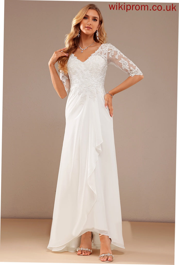 A-Line Ruffle Asymmetrical With Wedding Lace Lace V-neck Dress Wedding Dresses Madalyn Chiffon