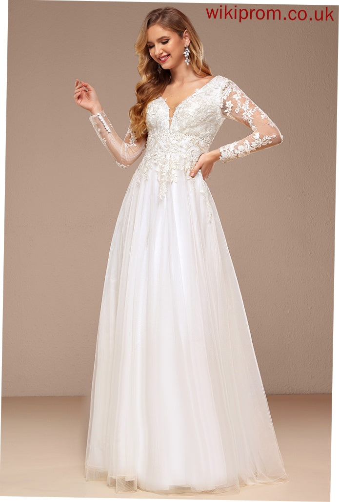 Tulle Sequins A-Line With Wedding Lily Floor-Length Wedding Dresses Beading V-neck Dress Lace