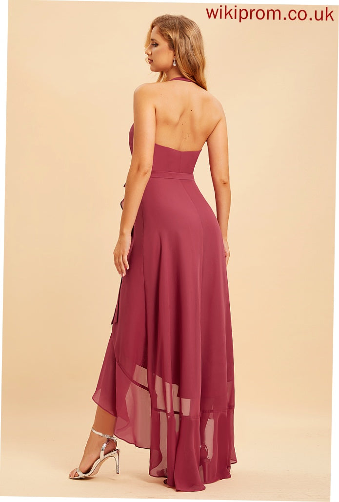 Neckline Fabric Asymmetrical Silhouette A-Line Embellishment Ruffle Length Halter Hana Floor Length Sleeveless Bridesmaid Dresses