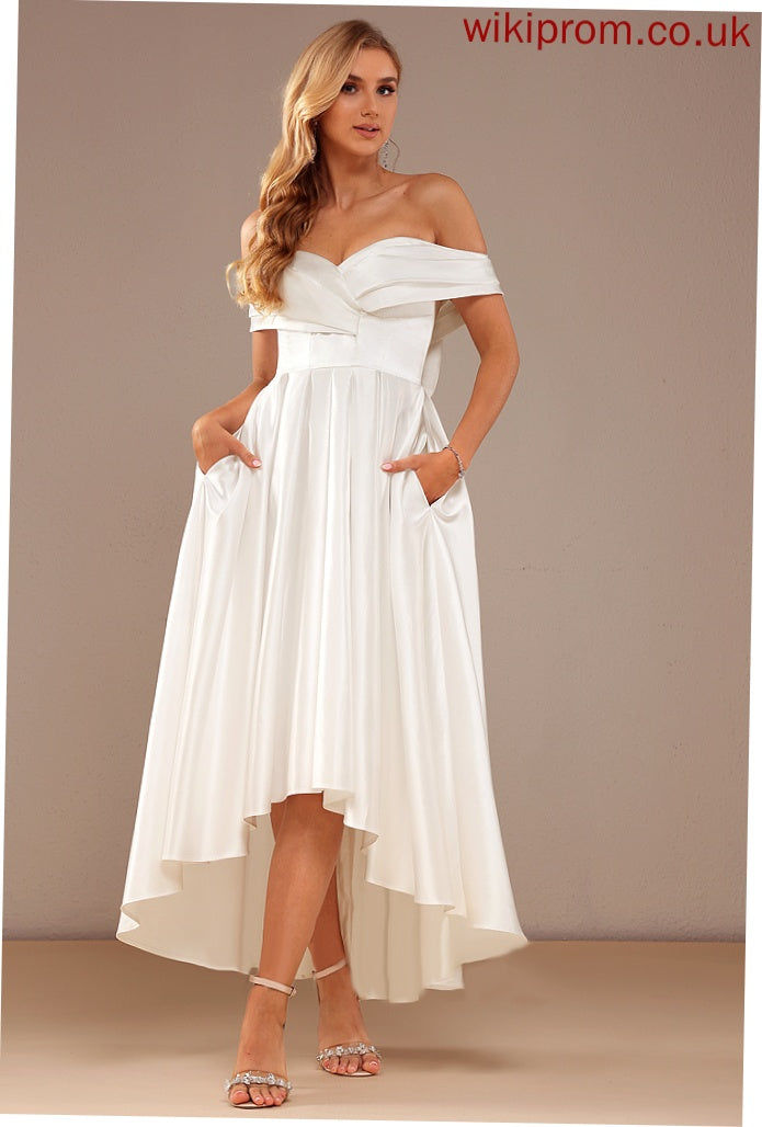 Asymmetrical Wedding Off-the-Shoulder Dress Wedding Dresses Pockets Robin With Satin A-Line