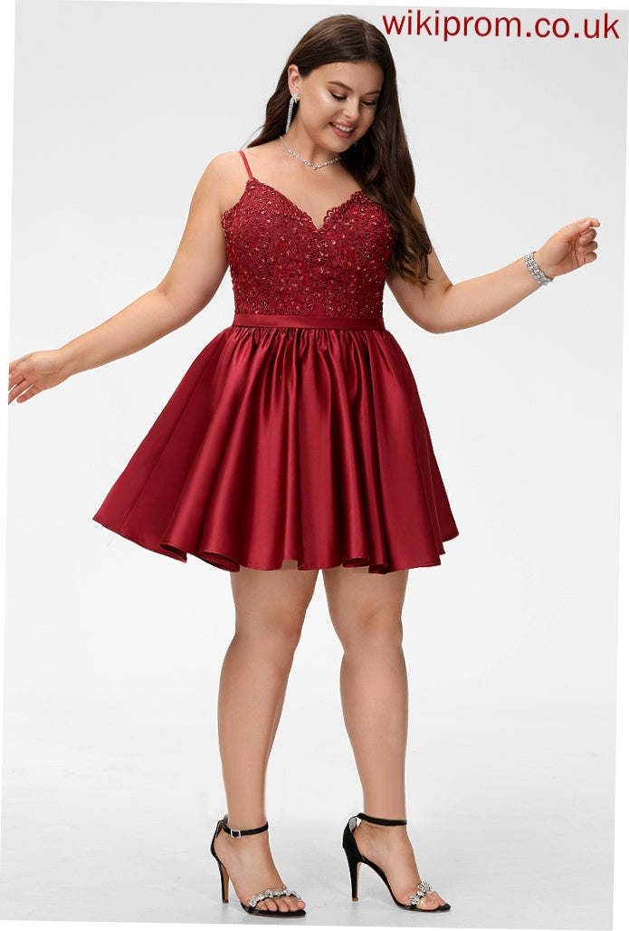 Satin Lace V-neck Beading Macy Dress Homecoming Dresses A-Line Homecoming With Short/Mini