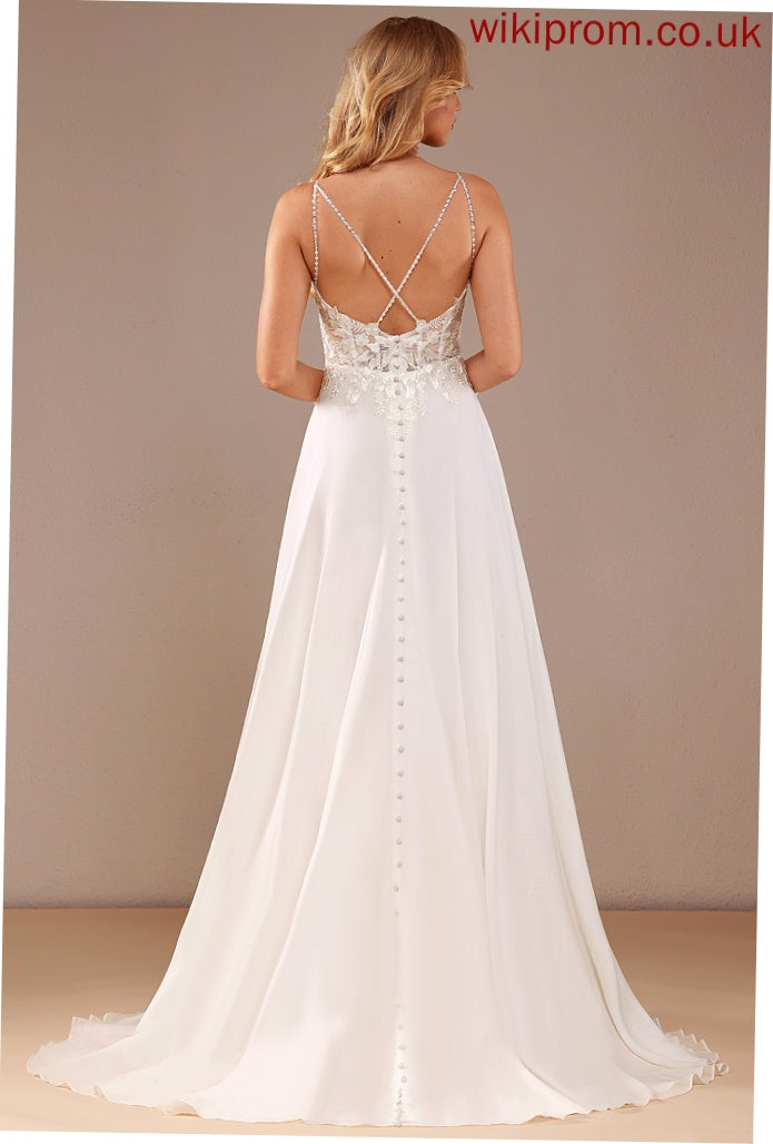 Pockets Evangeline Court Train Feather Lace A-Line Wedding Dresses Sequins V-neck With Wedding Chiffon Dress Beading Lace