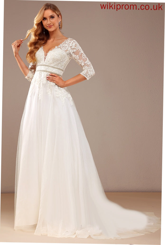 Sequins Ball-Gown/Princess Wedding Lace Dress With Lace Tulle Maureen V-neck Beading Court Train Wedding Dresses