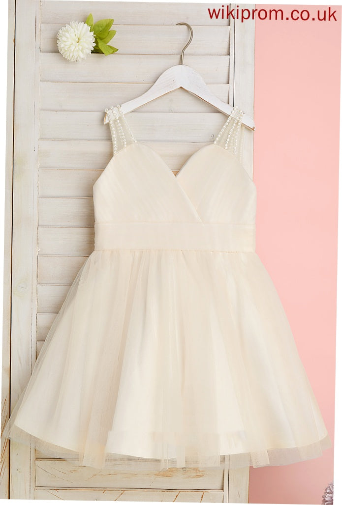 Girl V-neck - Flower Girl Dresses Tulle A-Line Sleeveless With Ruffles/Beading Dress Esther Flower Knee-length