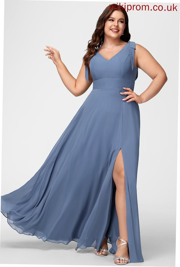 Floor-Length SplitFront A-Line Bow(s) Fabric Length Neckline Silhouette V-neck Embellishment Shayla Sleeveless Bridesmaid Dresses