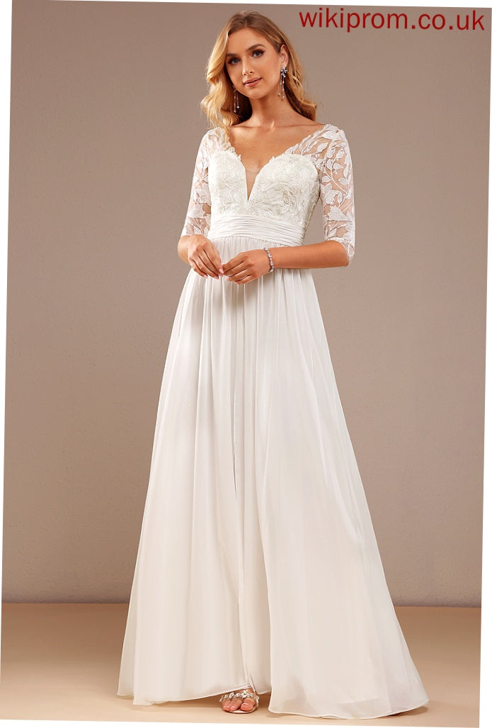 Katharine V-neck Floor-Length Lace Ruffle Wedding Dresses With Wedding Sequins A-Line Dress Chiffon