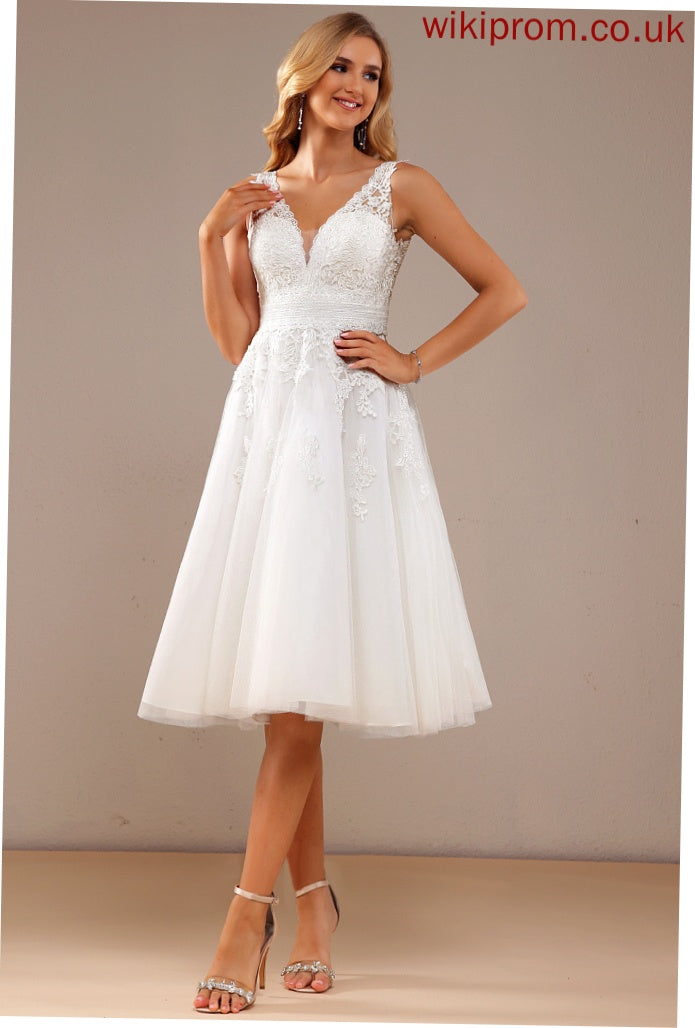 Knee-Length V-neck Wedding Wedding Dresses A-Line Lace Dress Brianna Tulle