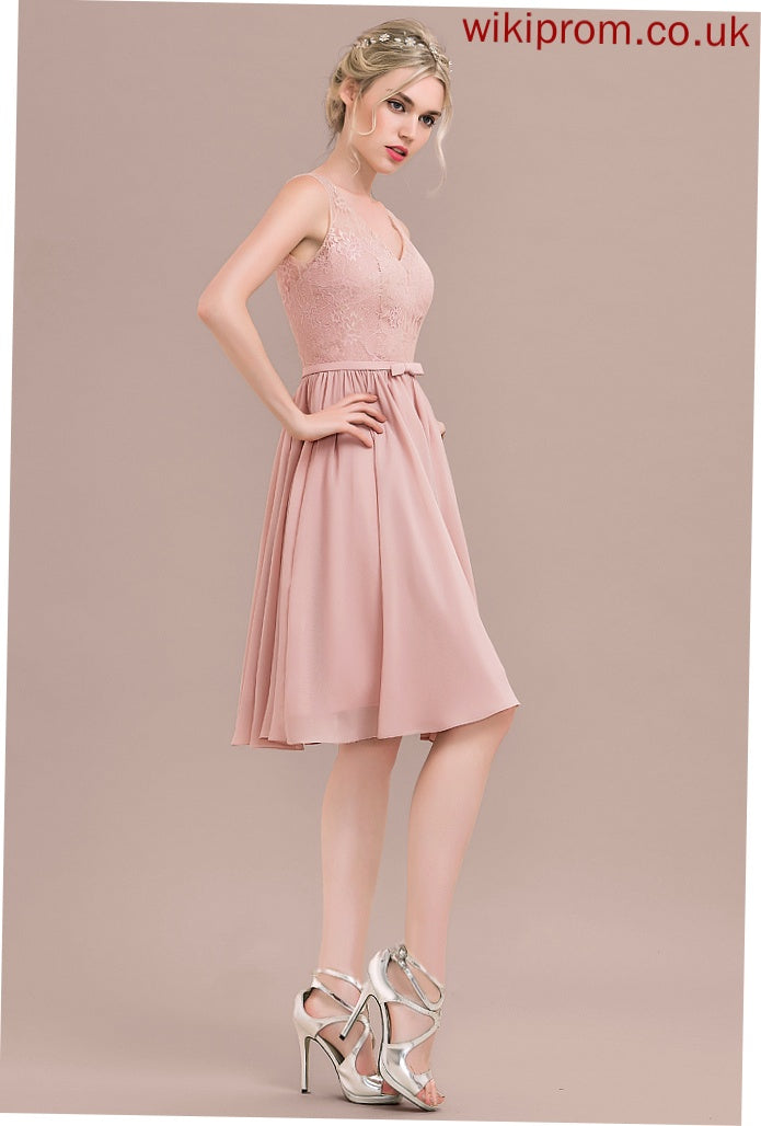 Lace Chiffon A-Line Yadira Homecoming Knee-Length Bow(s) Dress Lace V-neck Homecoming Dresses With