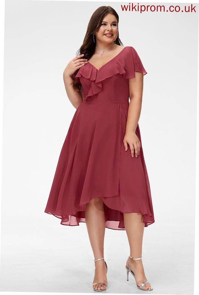 A-Line Prudence Ruffle Asymmetrical Cocktail Chiffon V-neck Dress With Cocktail Dresses