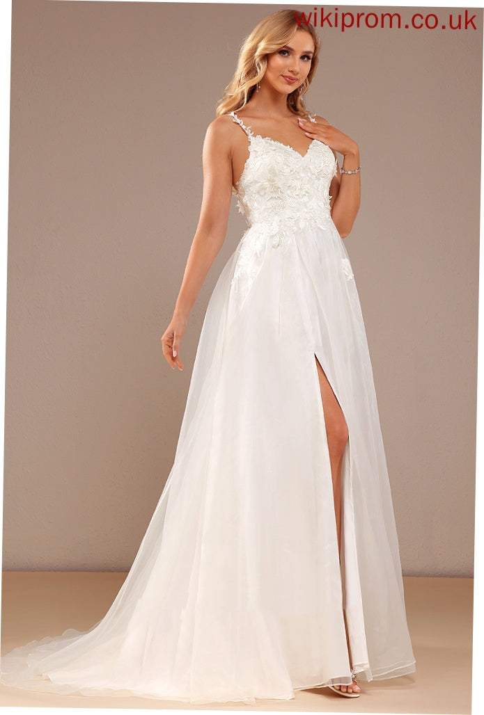 Organza Front Wedding With Lace Split Dress Meadow Ball-Gown/Princess Train V-neck Lace Wedding Dresses Court