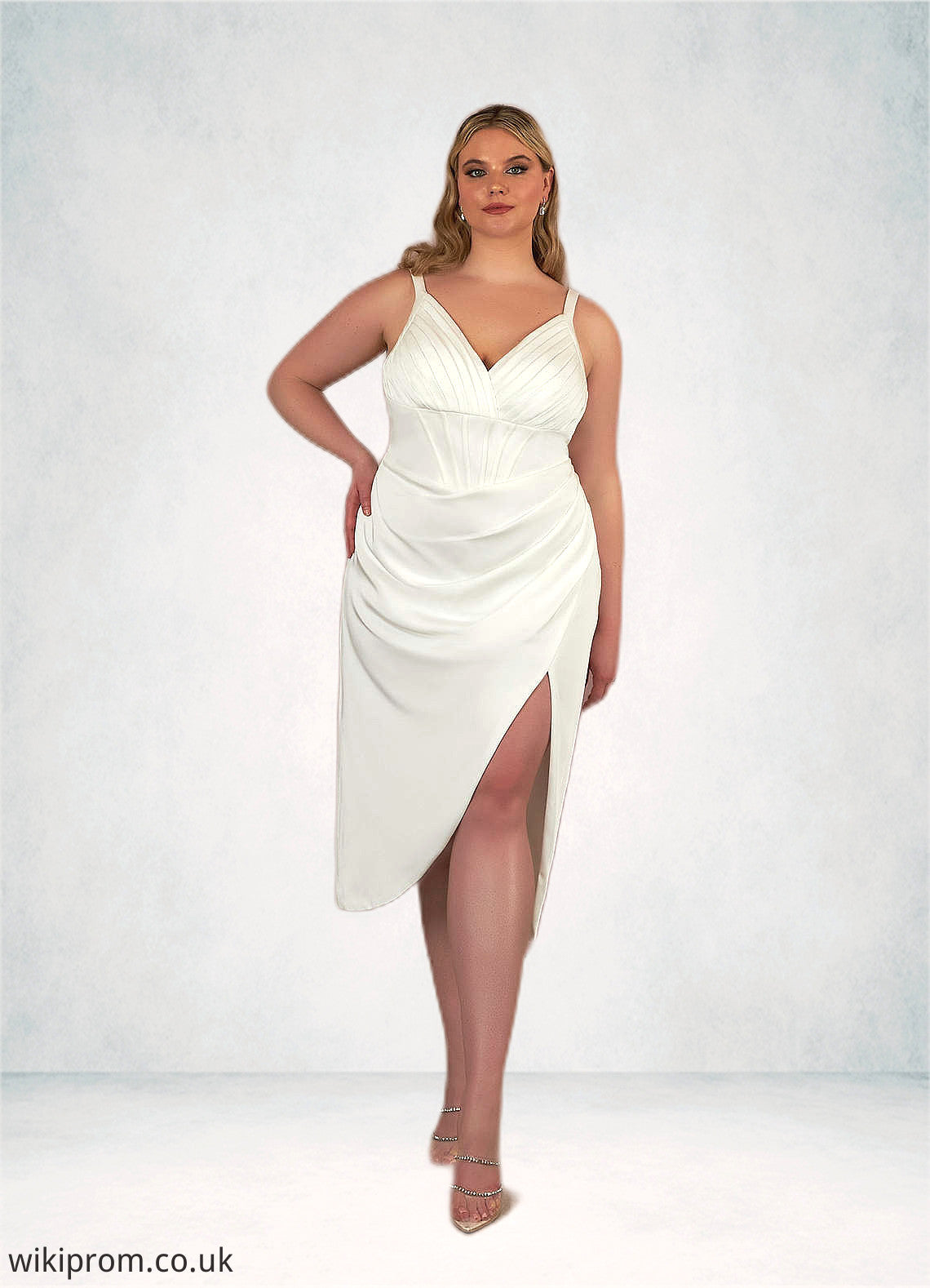 Arely Sheath Pleated Crepe Back Satin Asymmetrical Dress SWKP0020119