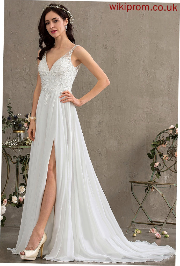 Chiffon Split Train With Wedding Dresses Beading Sweep Cierra A-Line Sequins Wedding Front Dress V-neck Lace