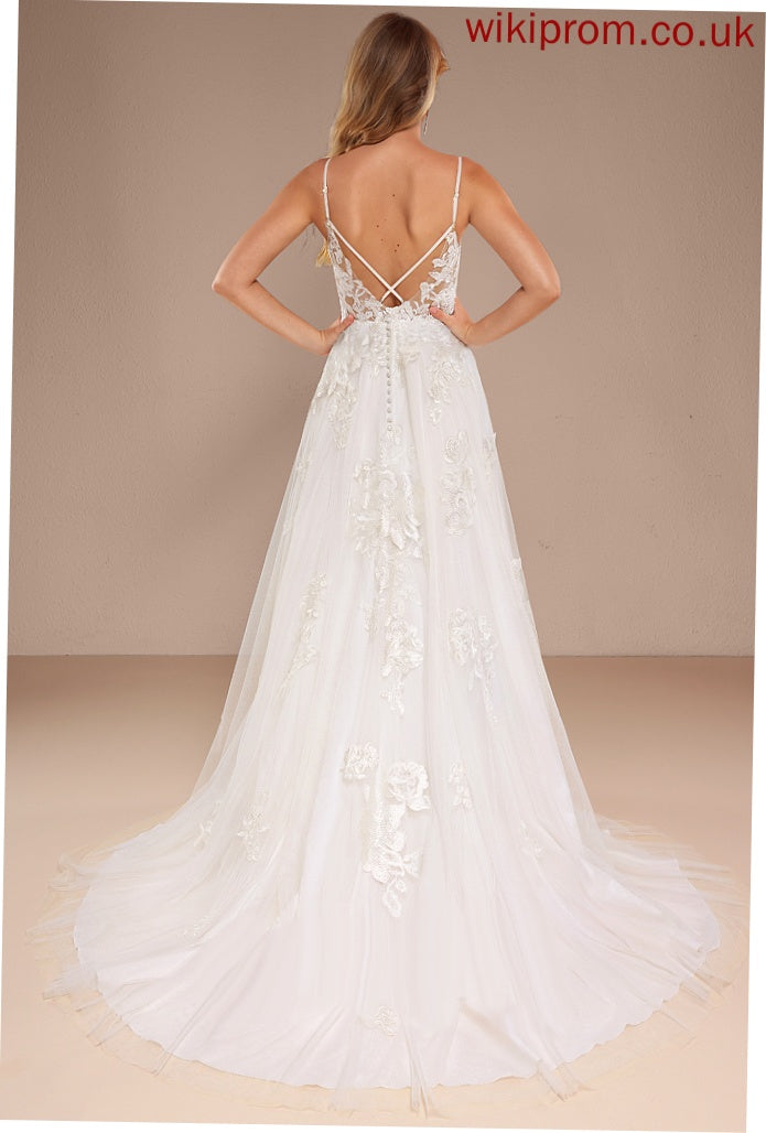 Court Tulle Ball-Gown/Princess Dress Train Lace Alma Wedding V-neck With Wedding Dresses Sequins