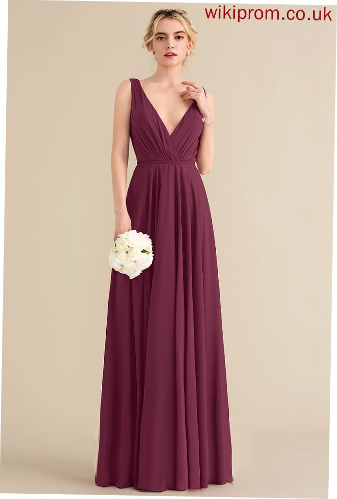 Chiffon A-Line Emelia Pleated Floor-Length Prom Dresses V-neck With