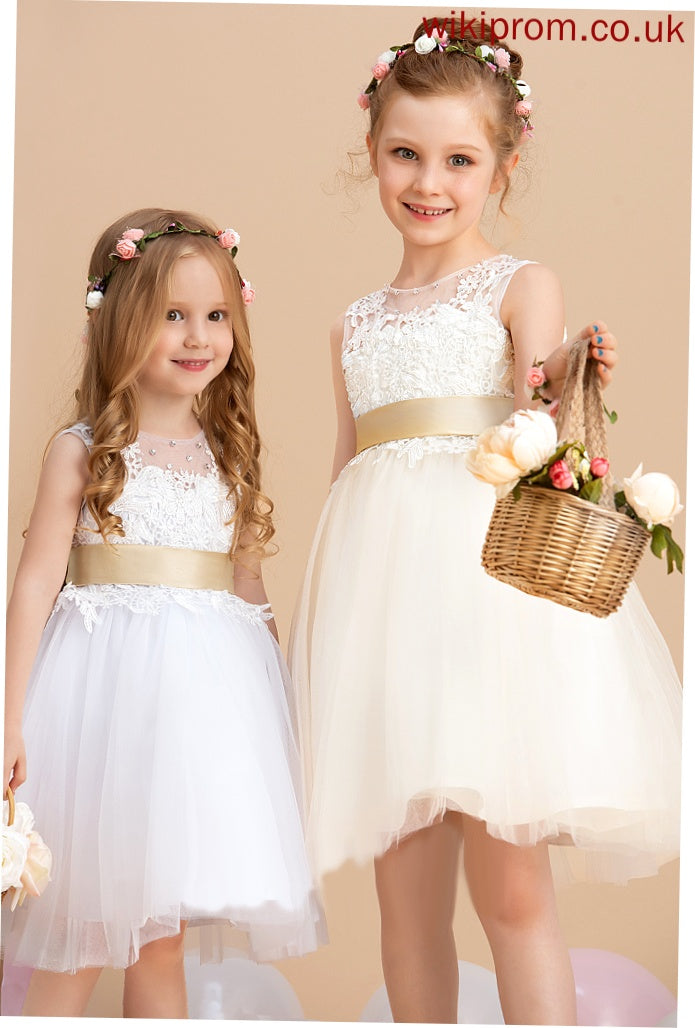 '- A-Line Flower Girl Dresses Girl Sash/Beading/Back Neck Eve With Scoop Dress (Detachable sash) Hole Tulle/Lace Flower Sleeveless Knee-length