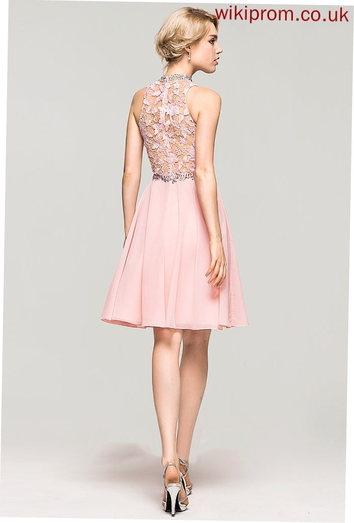 A-Line Homecoming With Sequins Chiffon Neck Dress Knee-Length Kelly Lace Homecoming Dresses Beading High