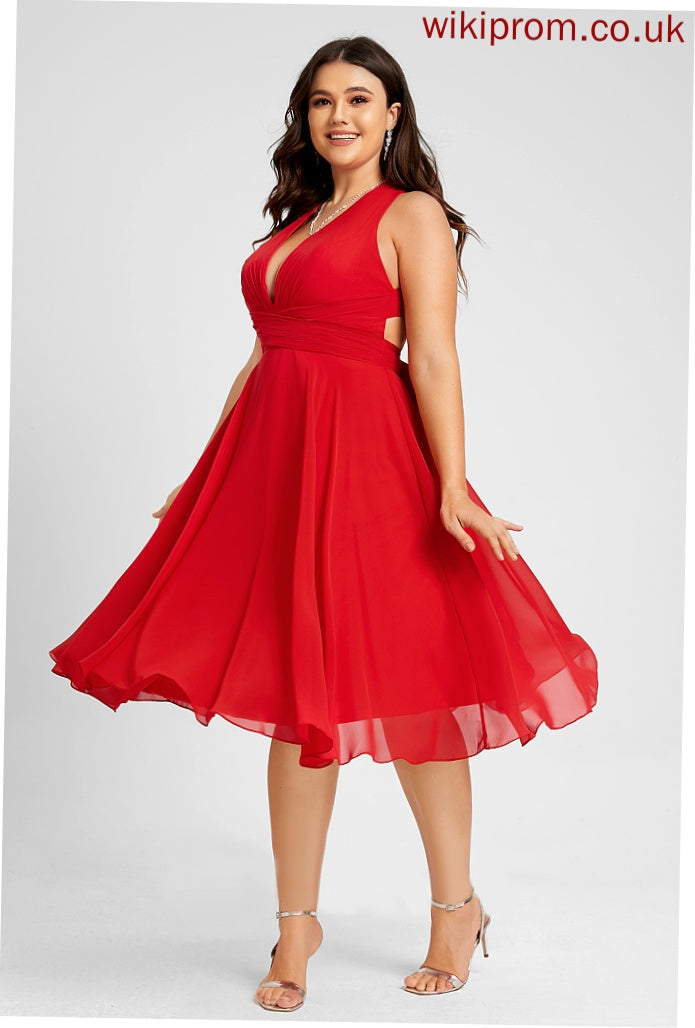 Ruffle Knee-Length V-neck Amirah Chiffon Cocktail Dress A-Line Cocktail Dresses With Bow(s)