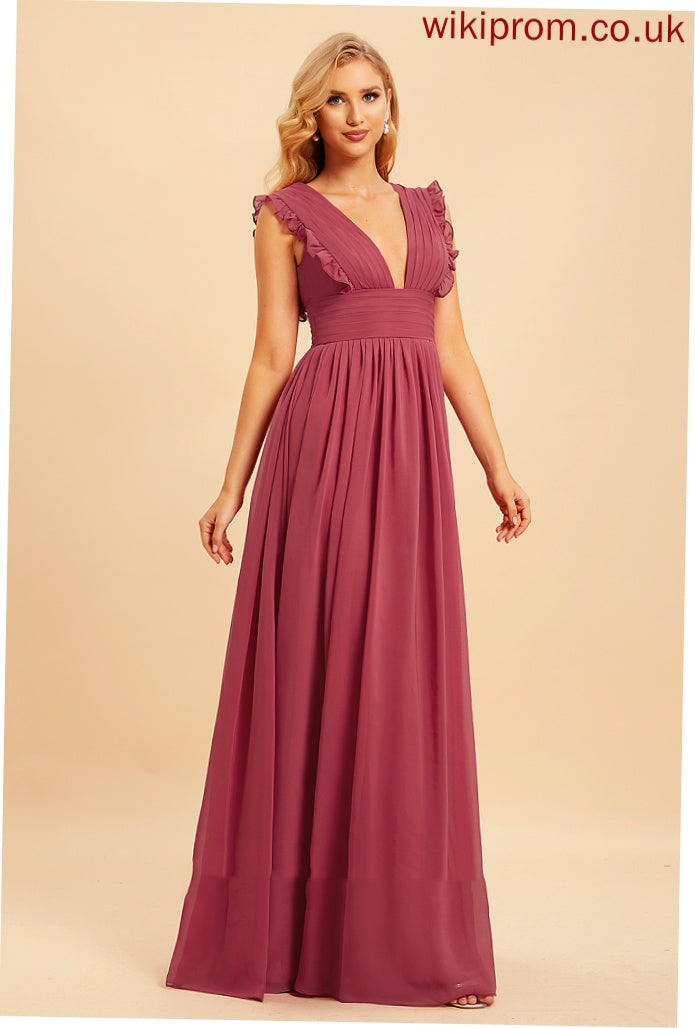 SplitFront V-neck Silhouette Length Neckline Ruffle Embellishment Fabric A-Line Floor-Length Edith Natural Waist Bridesmaid Dresses