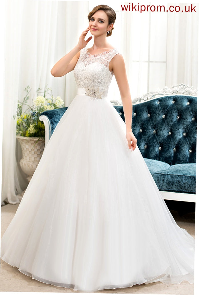 Ball-Gown/Princess Dress Sweep Organza Beading Wedding Lace Jaiden Satin With Wedding Dresses Train Sequins