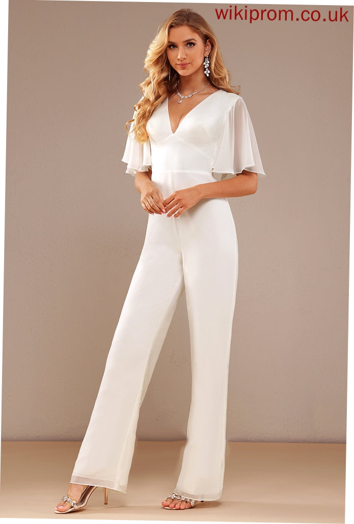 V-neck Wedding Sherlyn Jumpsuit/Pantsuit With Wedding Dresses Chiffon Ruffle Dress Floor-Length