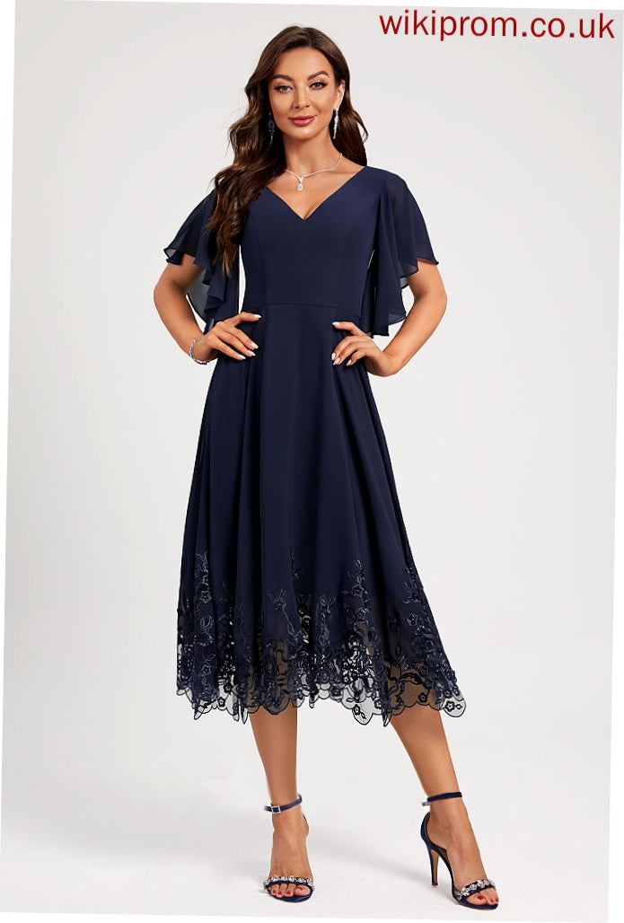 Cocktail Sequins V-neck Sadie Dress Tea-Length Lace Lace A-Line Sequined With Cocktail Dresses