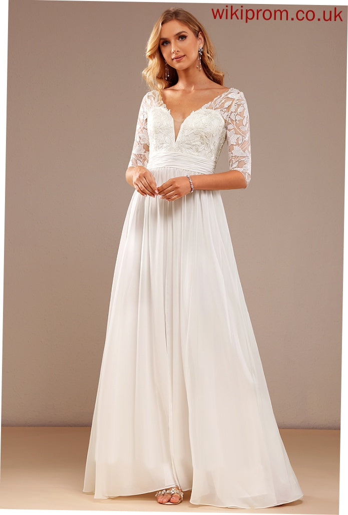 Wedding Floor-Length V-neck Wedding Dresses Chiffon Lace With Lace Sequins A-Line Dress Carmen Ruffle