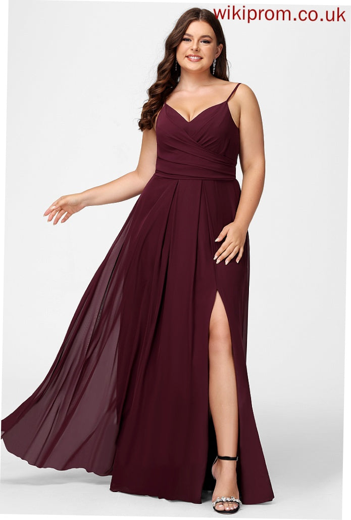 Silhouette A-Line Length Ruffle SplitFront Floor-Length Fabric Embellishment Neckline V-neck Winifred Natural Waist Bridesmaid Dresses